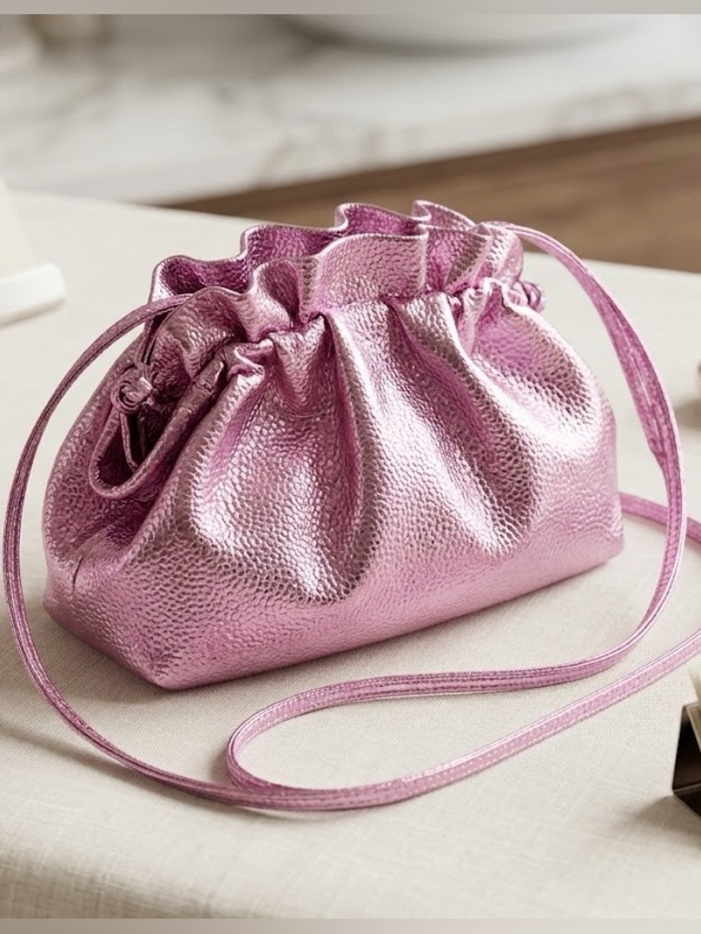 Metallic Pink Drawstring Crossbody Bag